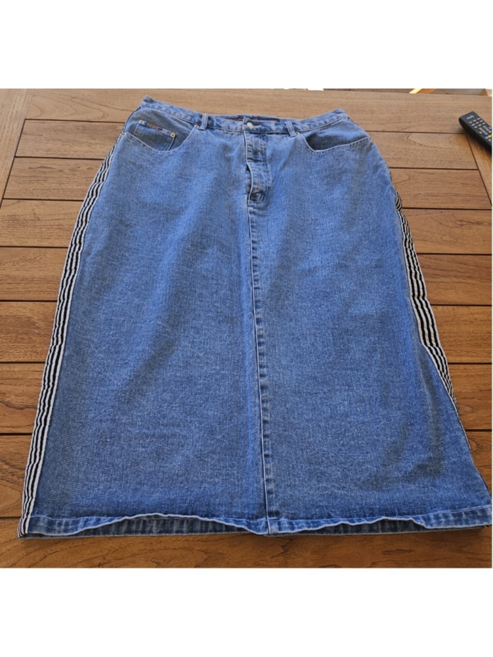 VTG 90s Revolt Denim Maxi Skirt Racing Stripe Blue Medium Wash Size 20